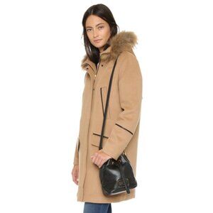 SOIA & KYO Wool Parka Coat Fur Hood Long Peacoat Jacket Winter Leather Luxury XL